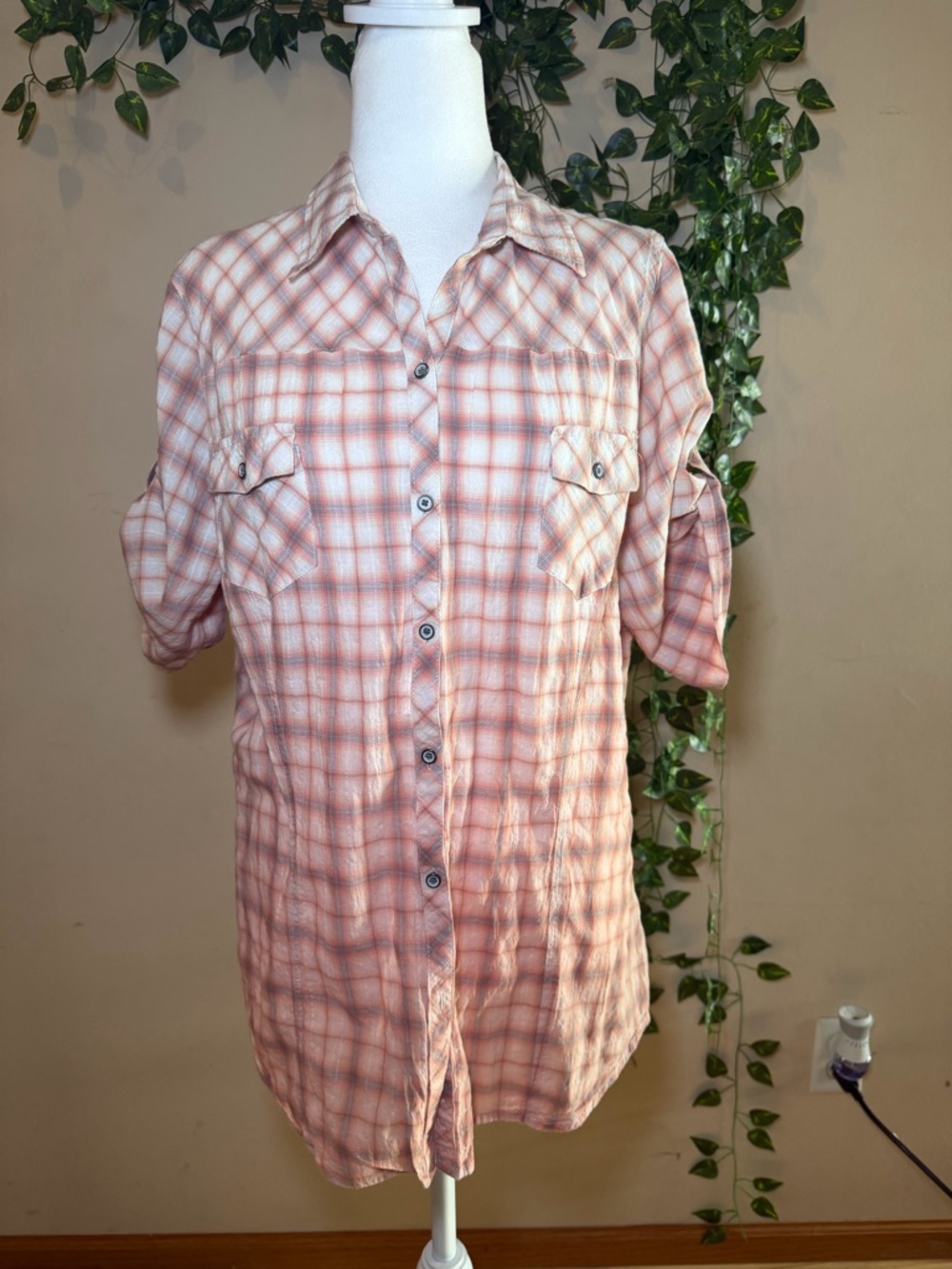 Harley-Davidson Pink and Cream Plaid Button-Up Shirt